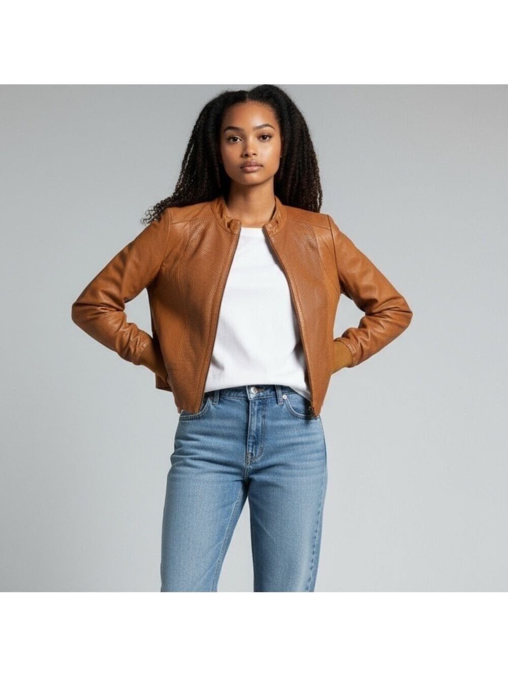 BANO EEMEE 100% Genuine Leather Cognac Moto Jacket Full Zip Closure Sz 4